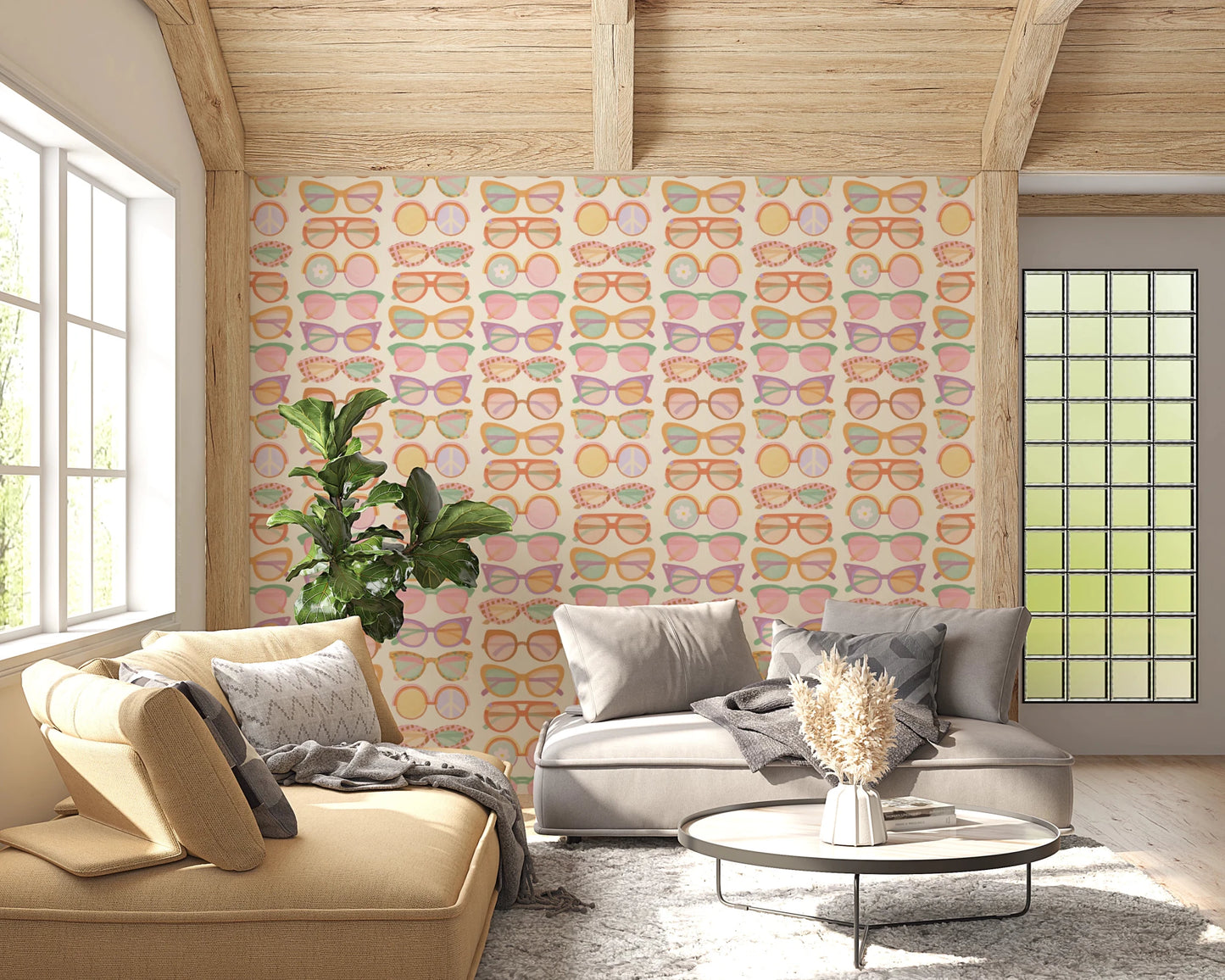 Sunlit lounge with Shades of Cool Mid-Mod Summer Muted Tones Wallpaper and neutral seating, GD8652