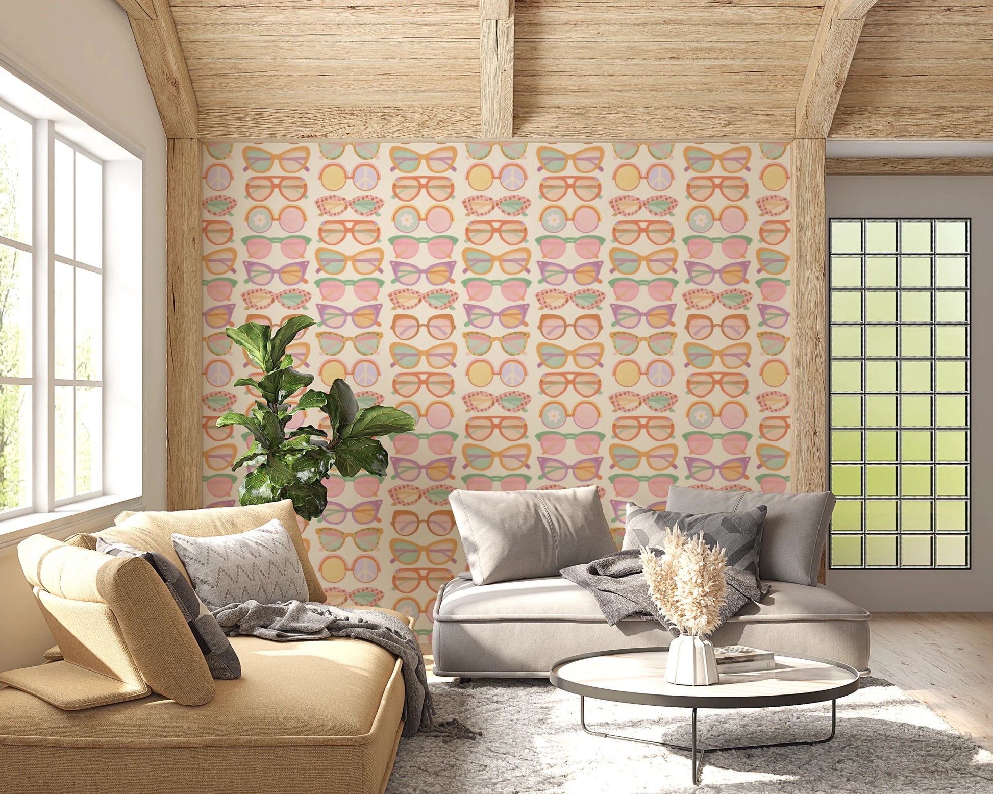 Sunlit lounge with Shades of Cool Mid-Mod Summer Muted Tones Wallpaper and neutral seating, GD8652