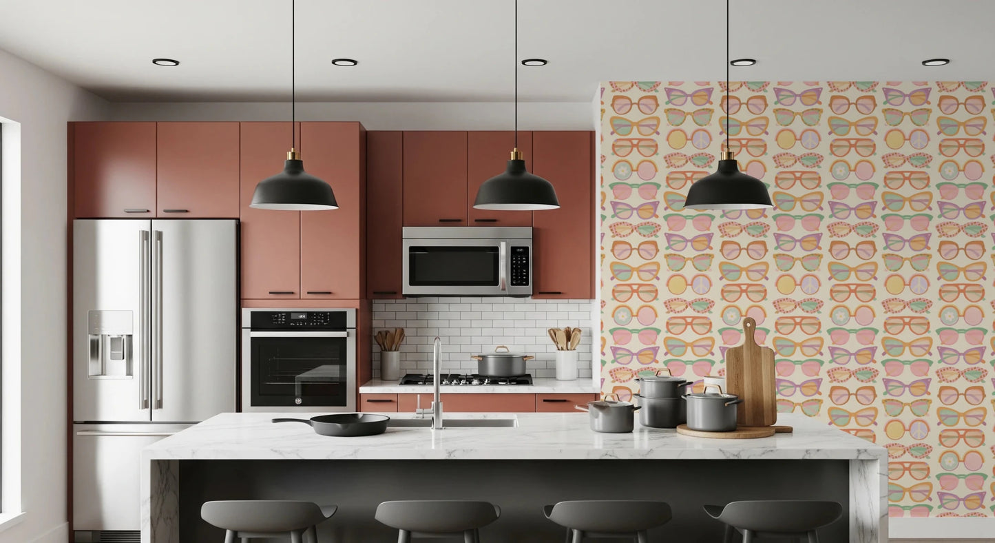 Kitchen with Shades of Cool Mid-Mod Summer Muted Tones Wallpaper and warm cabinets, GD8652