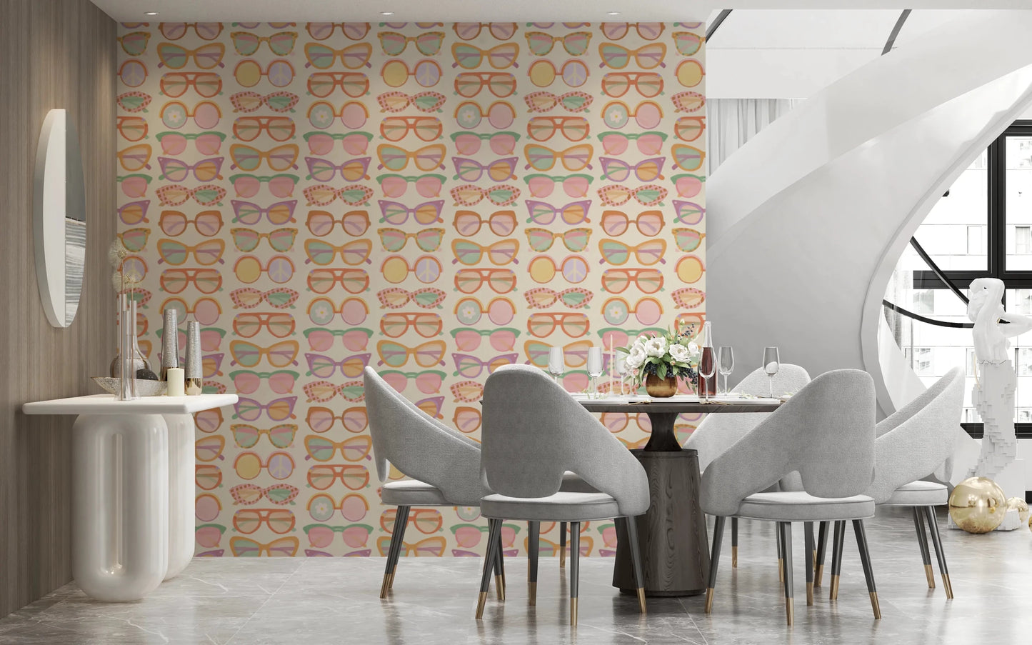 Dining nook with Shades of Cool Mid-Mod Summer Muted Tones Wallpaper and soft daylight, GD8652