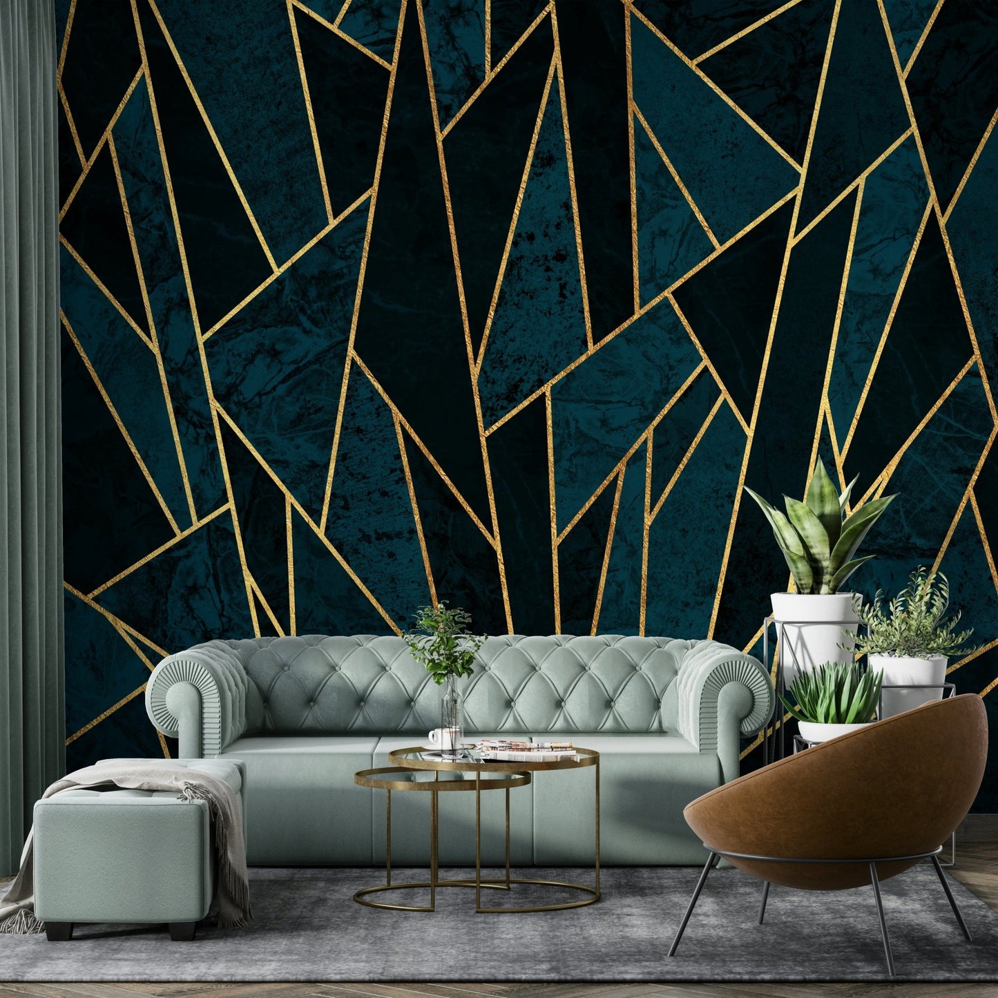 Elegant Deep Blue and Gold Mosaic Wall Art, GD1927