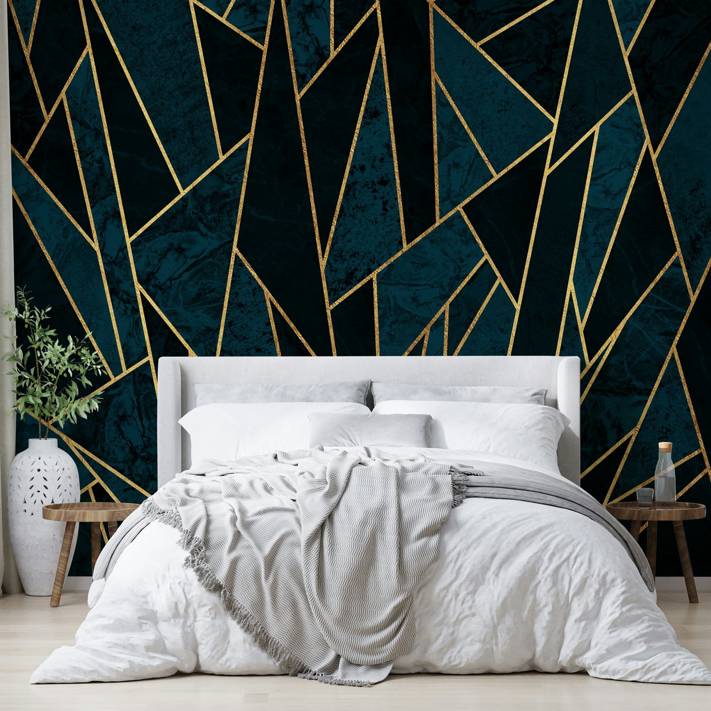 Shattered Mosaic Wall Mural in Blue and Gold Hues

