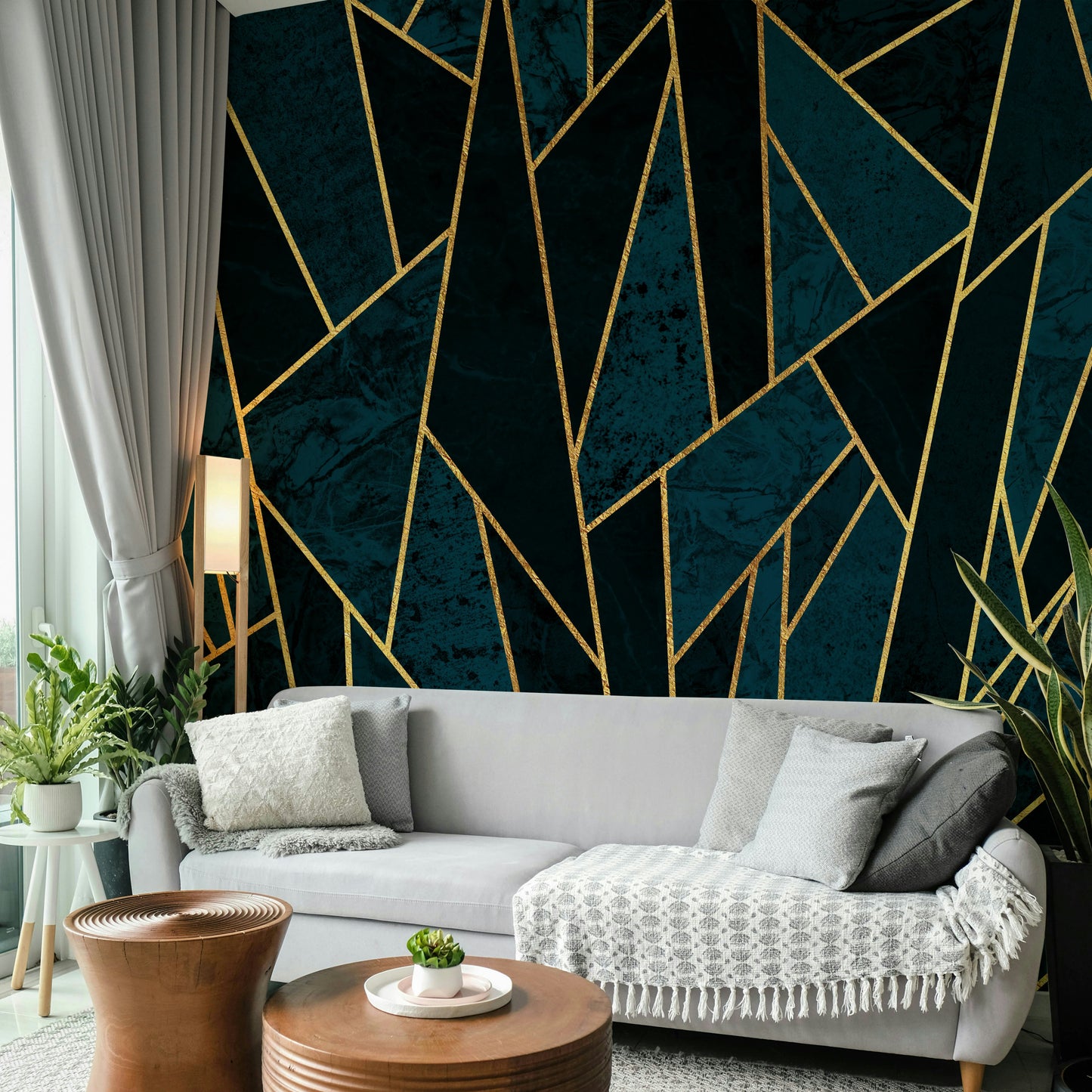 Shattered Blue Mosaic with Gold Wall Mural Design

