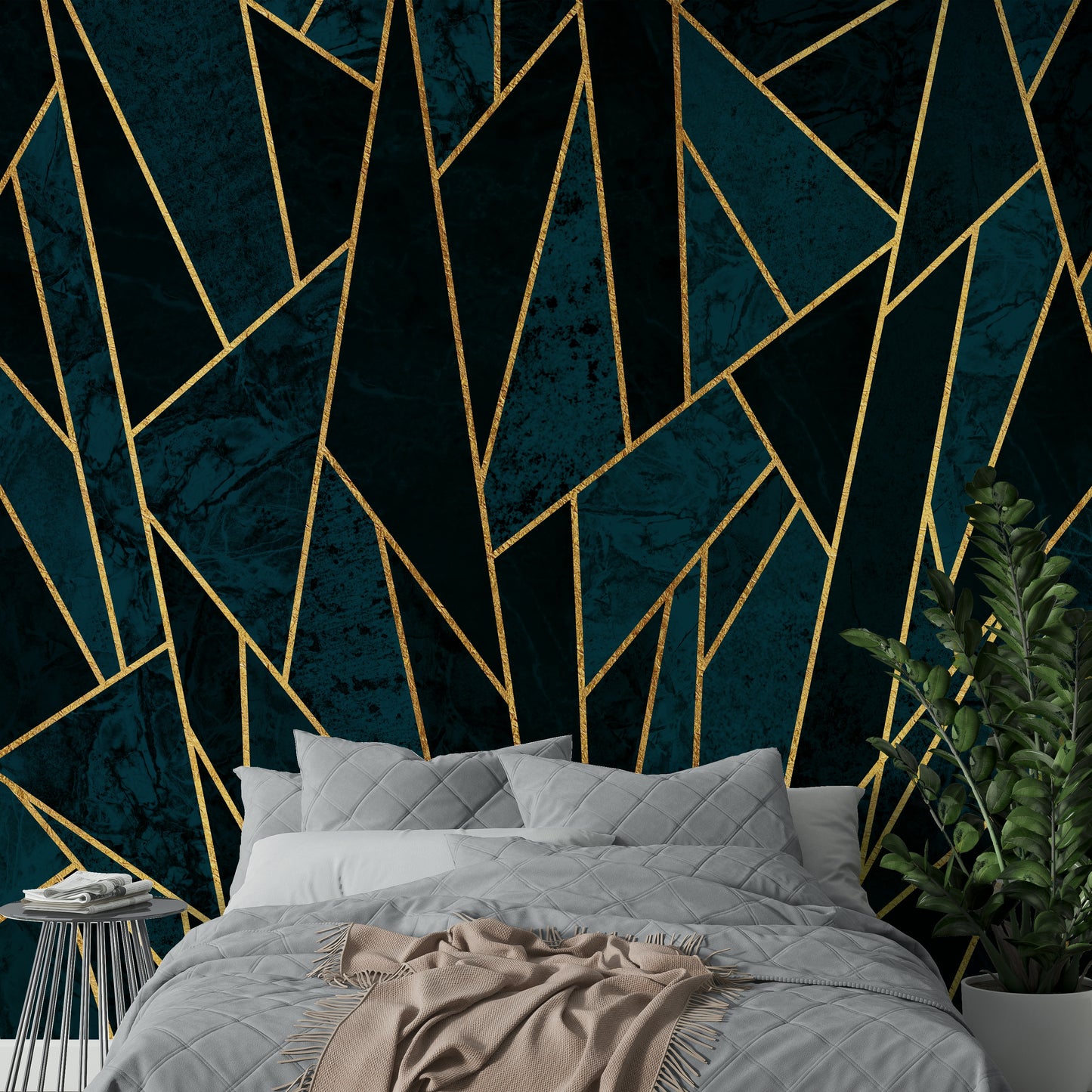 Gold Accents on Deep Blue Mosaic Wall Mural


