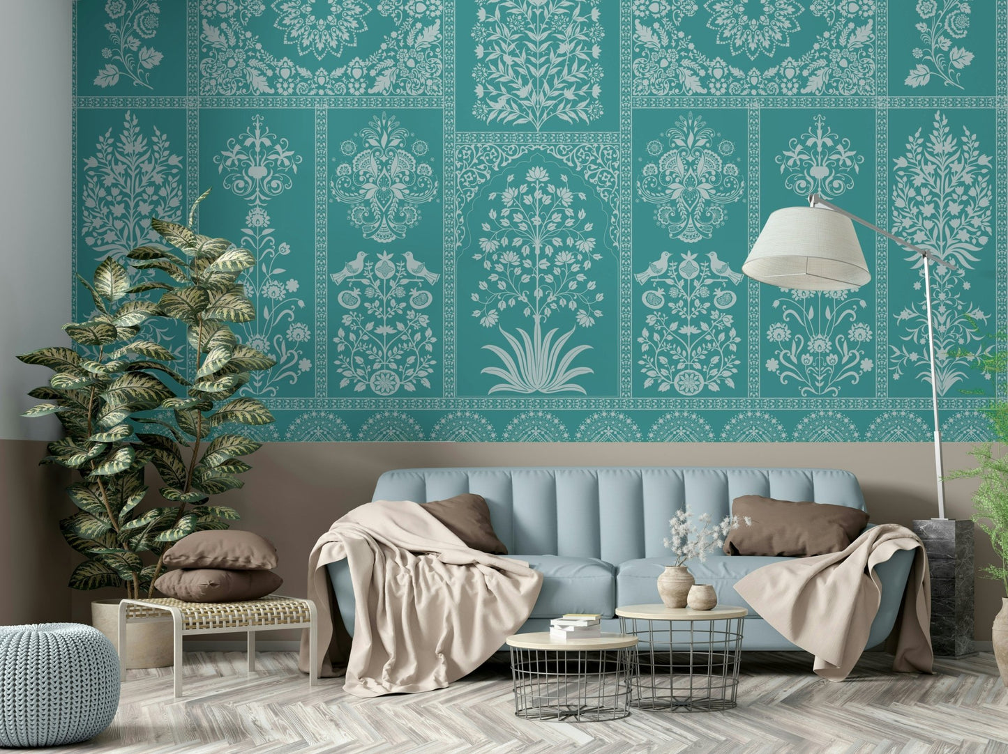 The design features a repeating pattern of soft, graceful trees and foliage.

