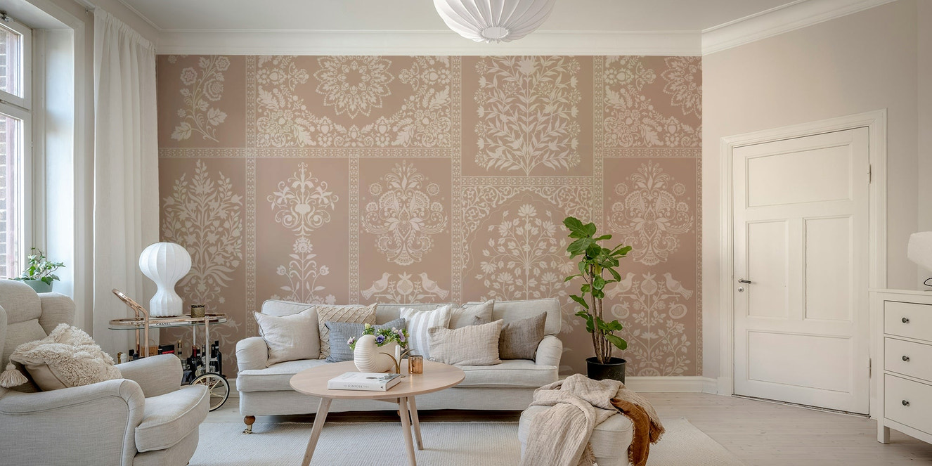The design features a repeating pattern of soft, intricate shapes.

