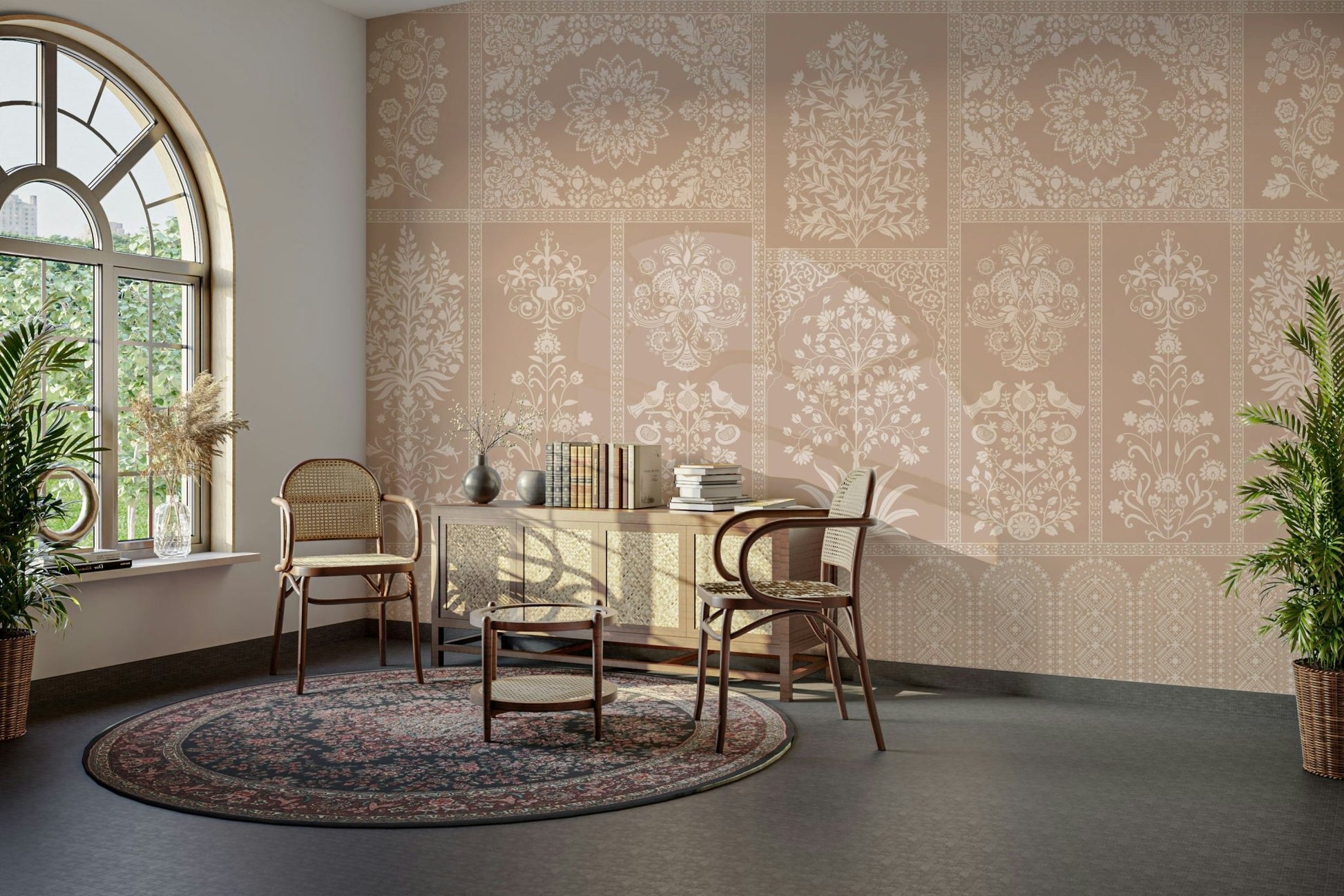 A peaceful wall mural with an elegant, artisan-inspired design.

