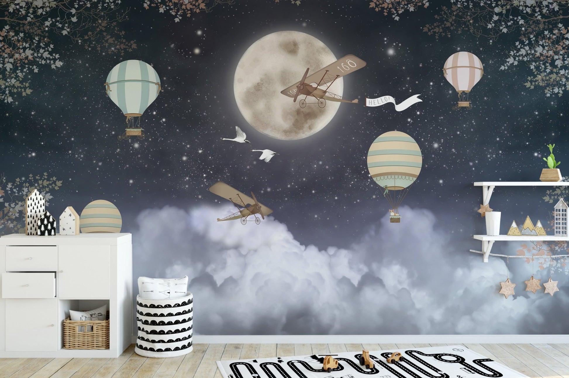 Vibrant stars and hot air balloons wall mural
