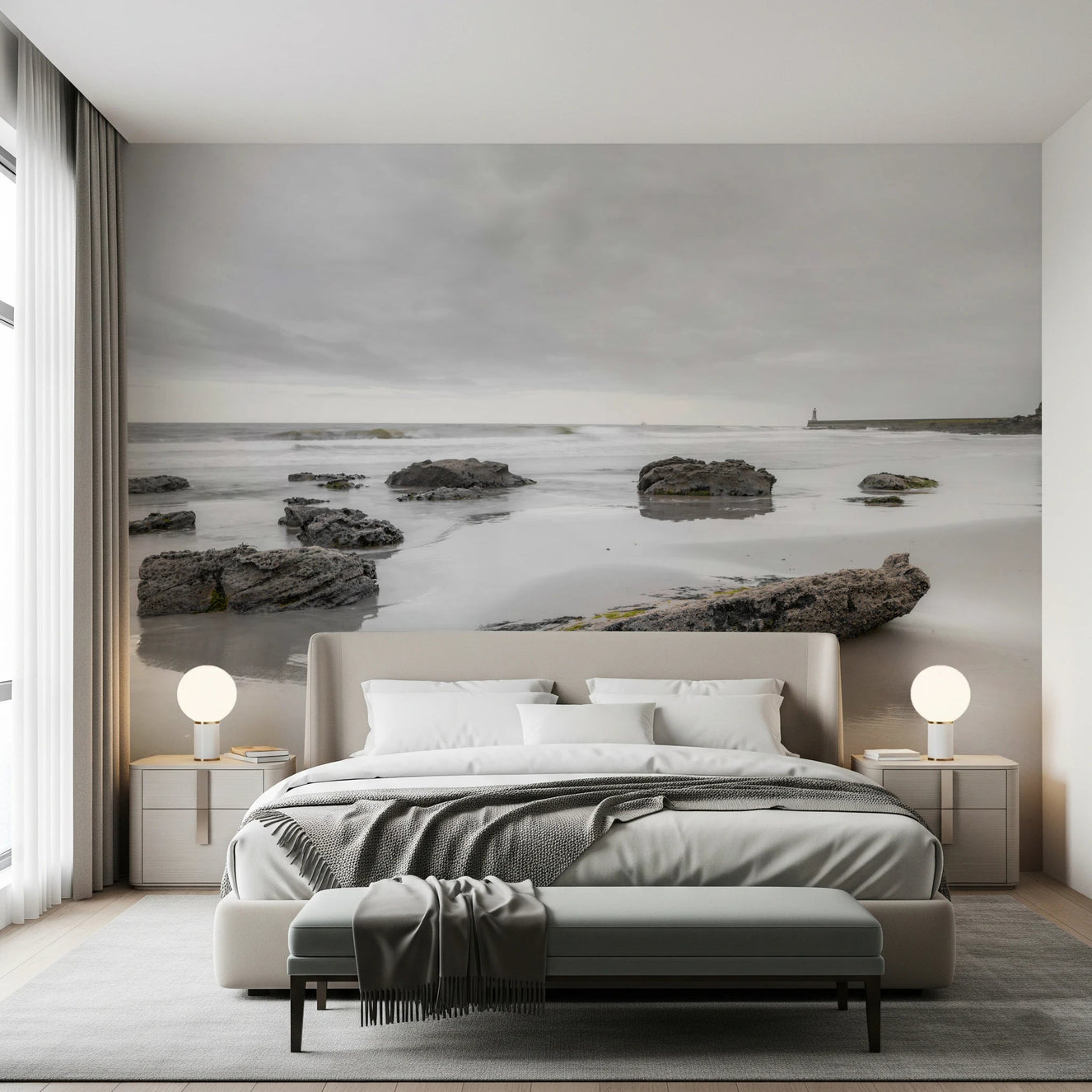 Bedroom setup with Shoreline Hues wall mural soft shoreline