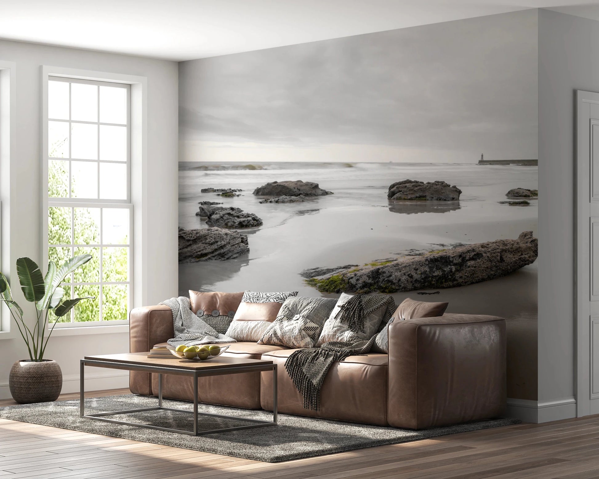 Hallway space with Shoreline Hues wall mural in muted tones