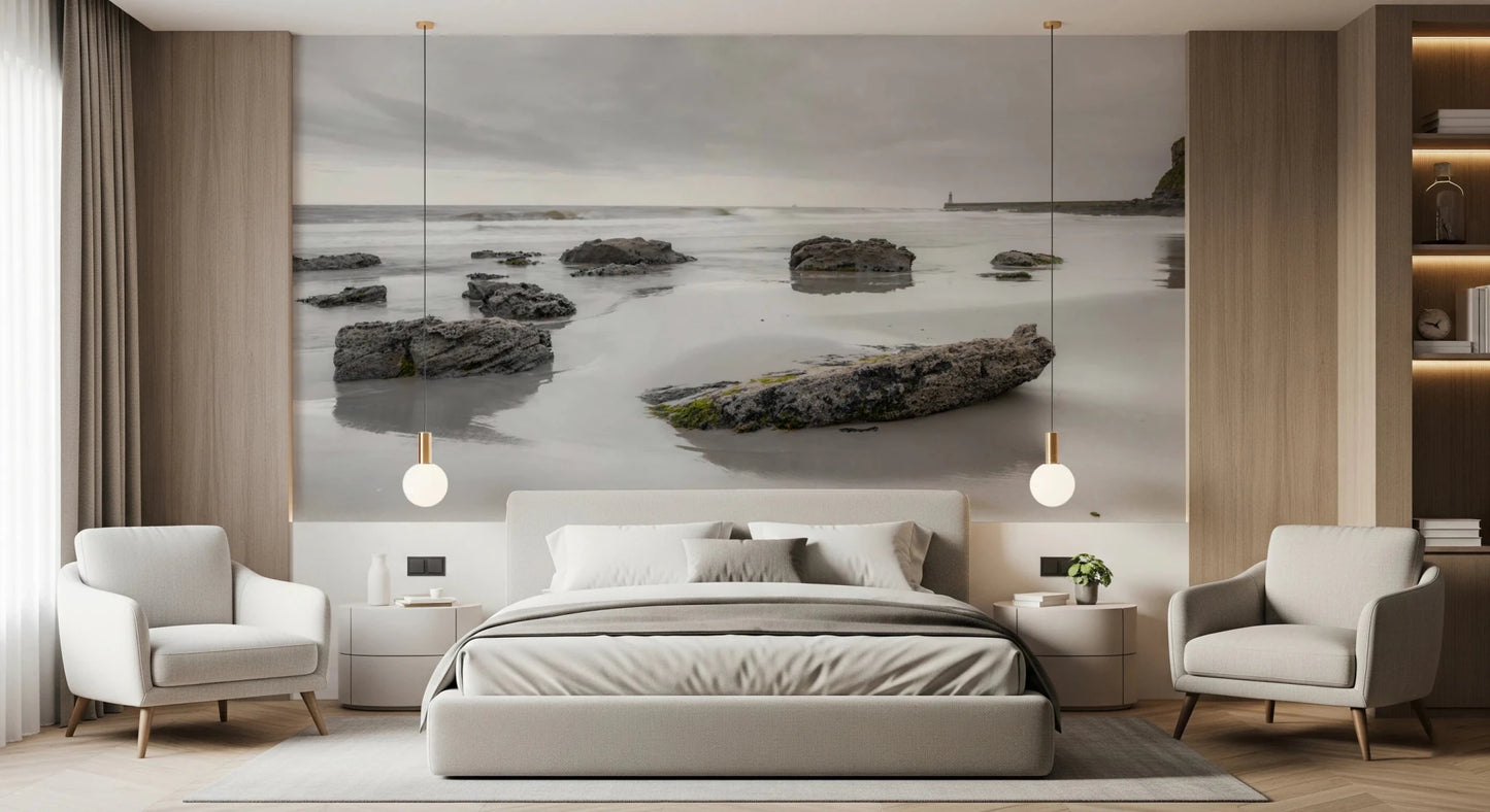 Subtle coastal tones in Shoreline Hues wall mural setting