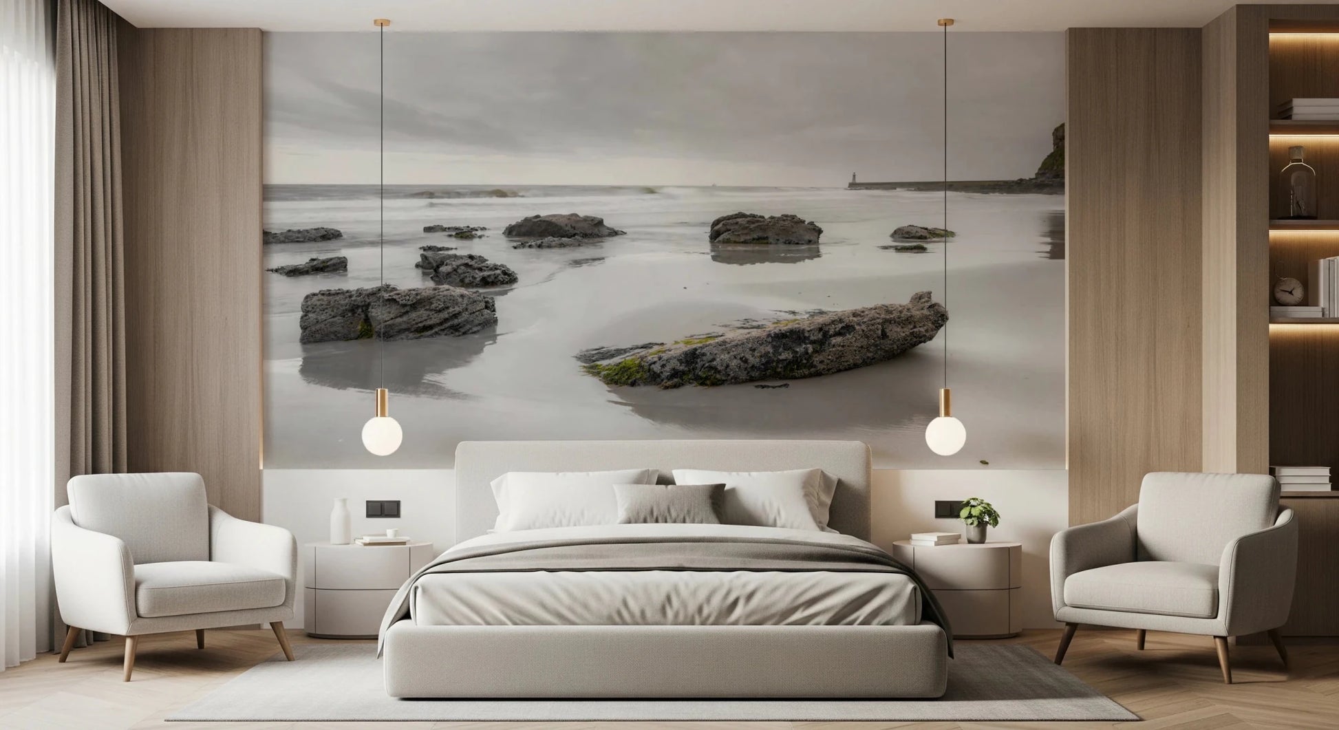 Subtle coastal tones in Shoreline Hues wall mural setting