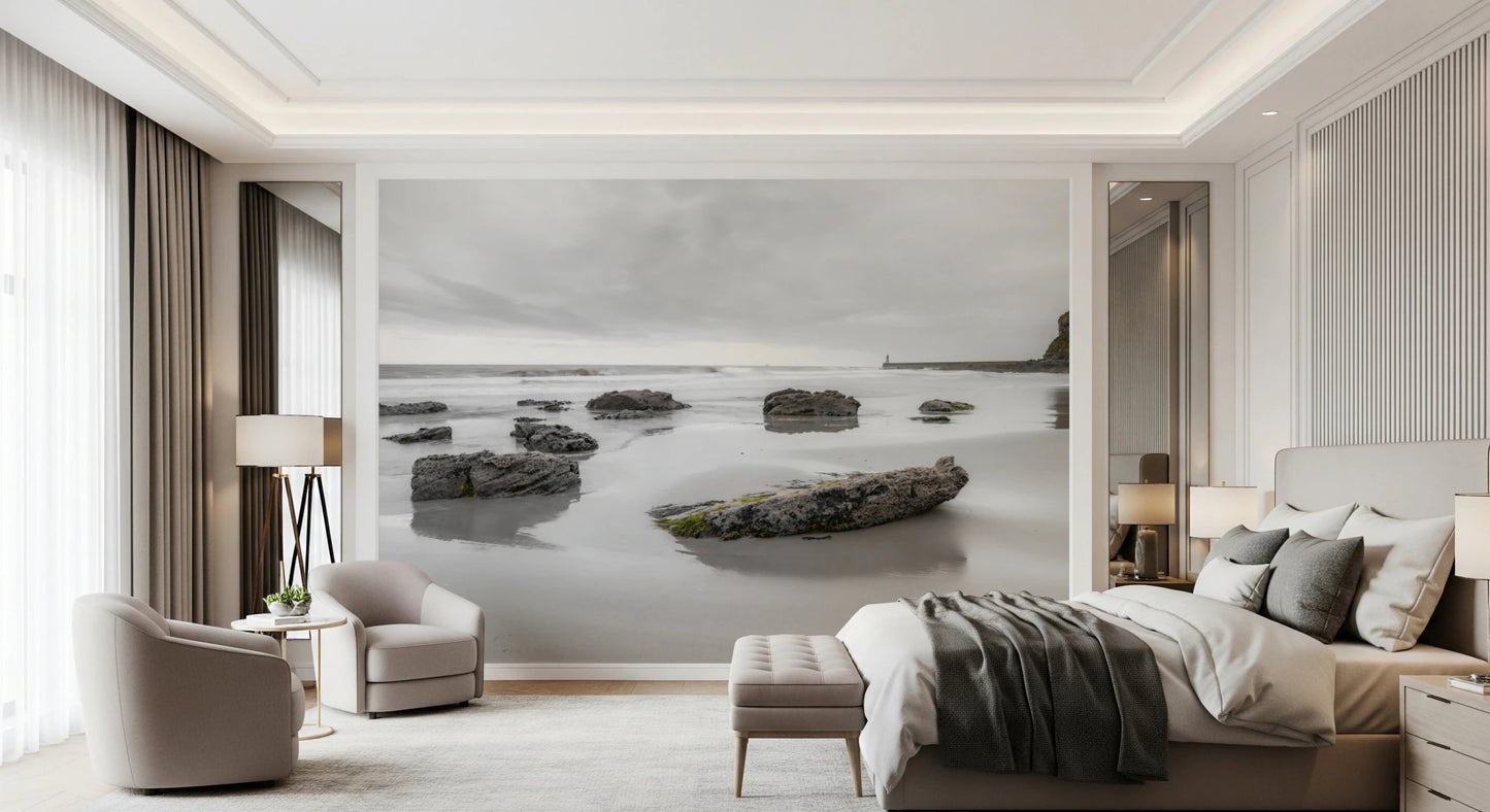 Living room styled with Shoreline Hues wall mural and rocky coast