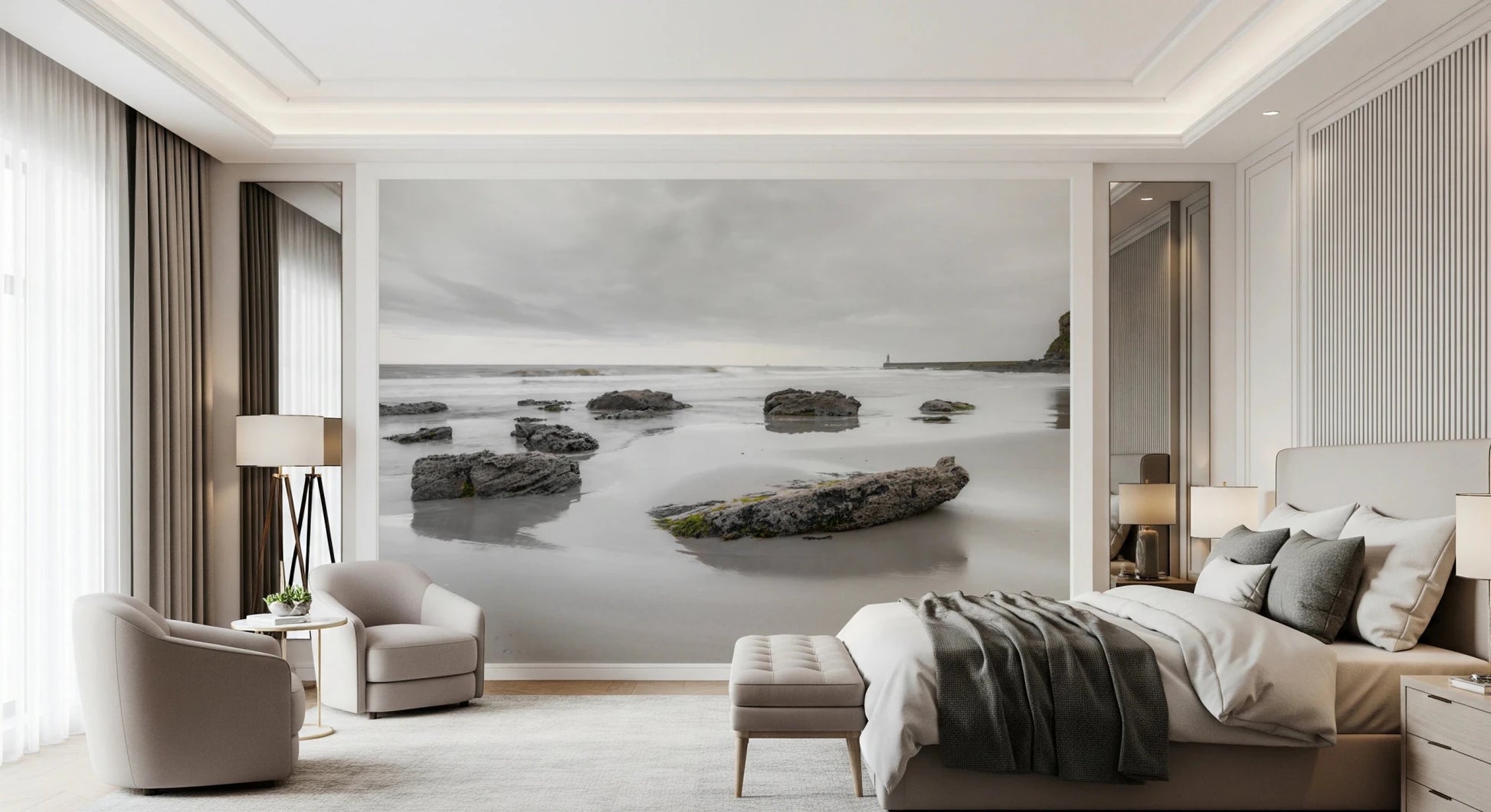 Living room styled with Shoreline Hues wall mural and rocky coast