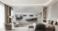 Living room styled with Shoreline Hues wall mural and rocky coast