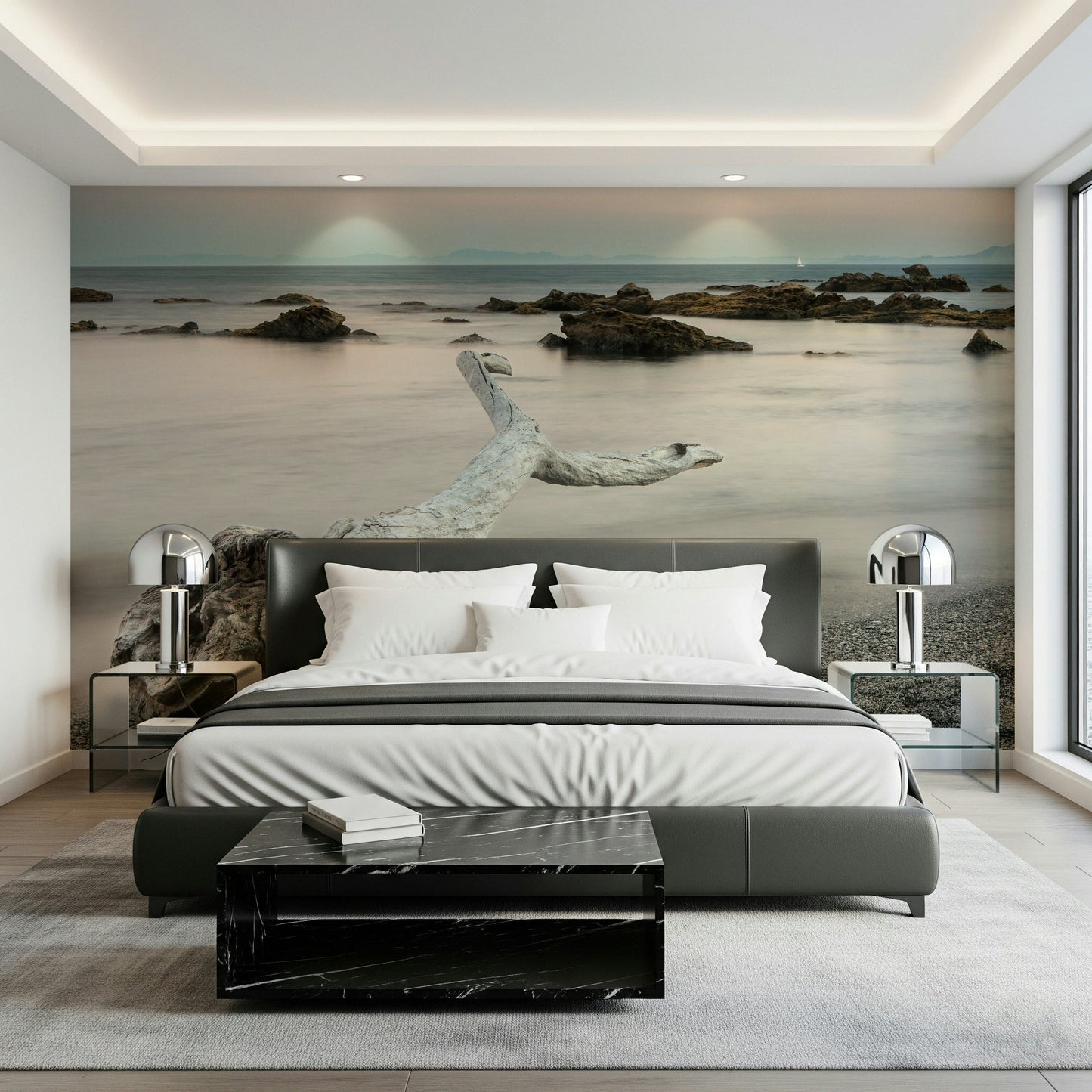 An artistic fluid pattern mural on minimalist wallpaper.