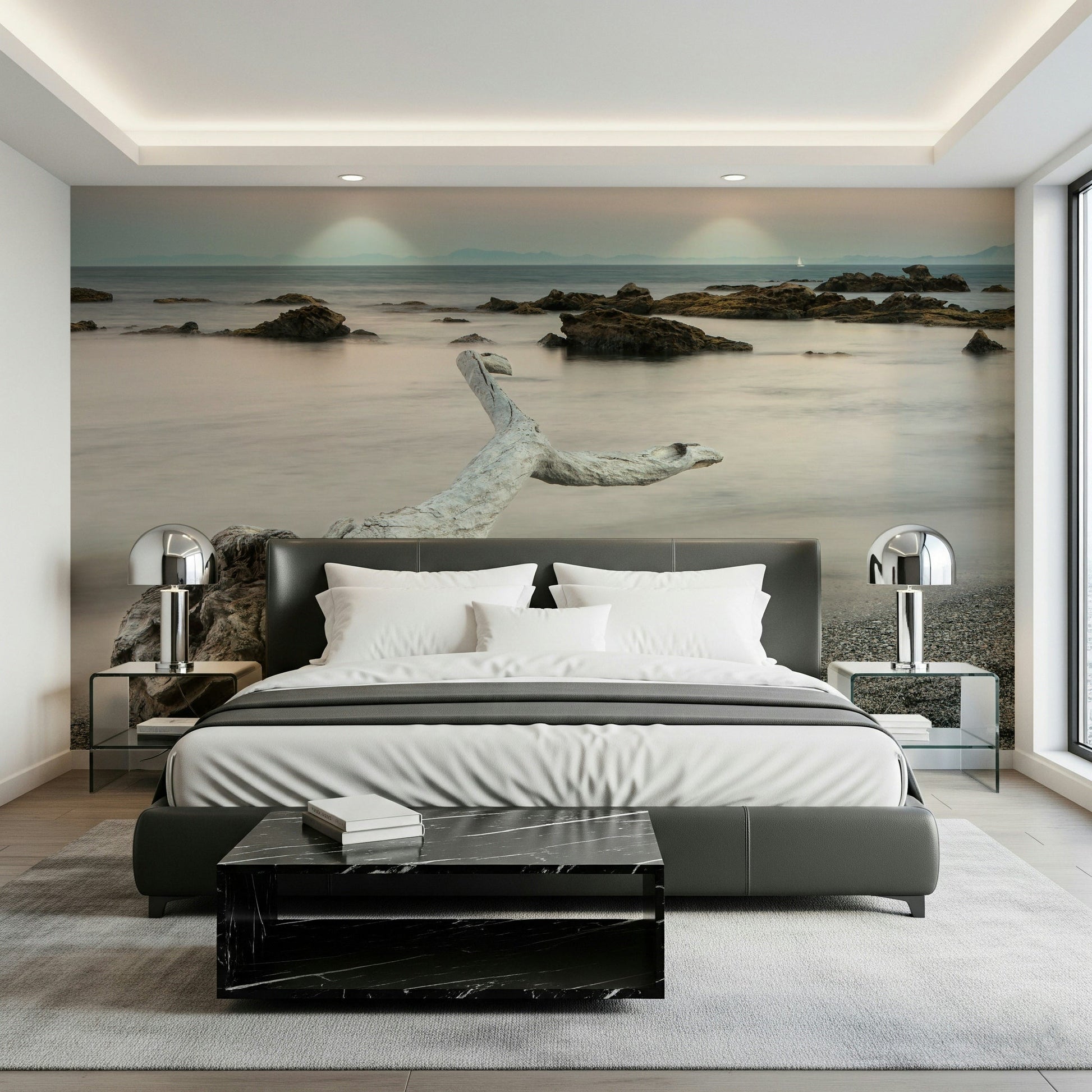 An artistic fluid pattern mural on minimalist wallpaper.