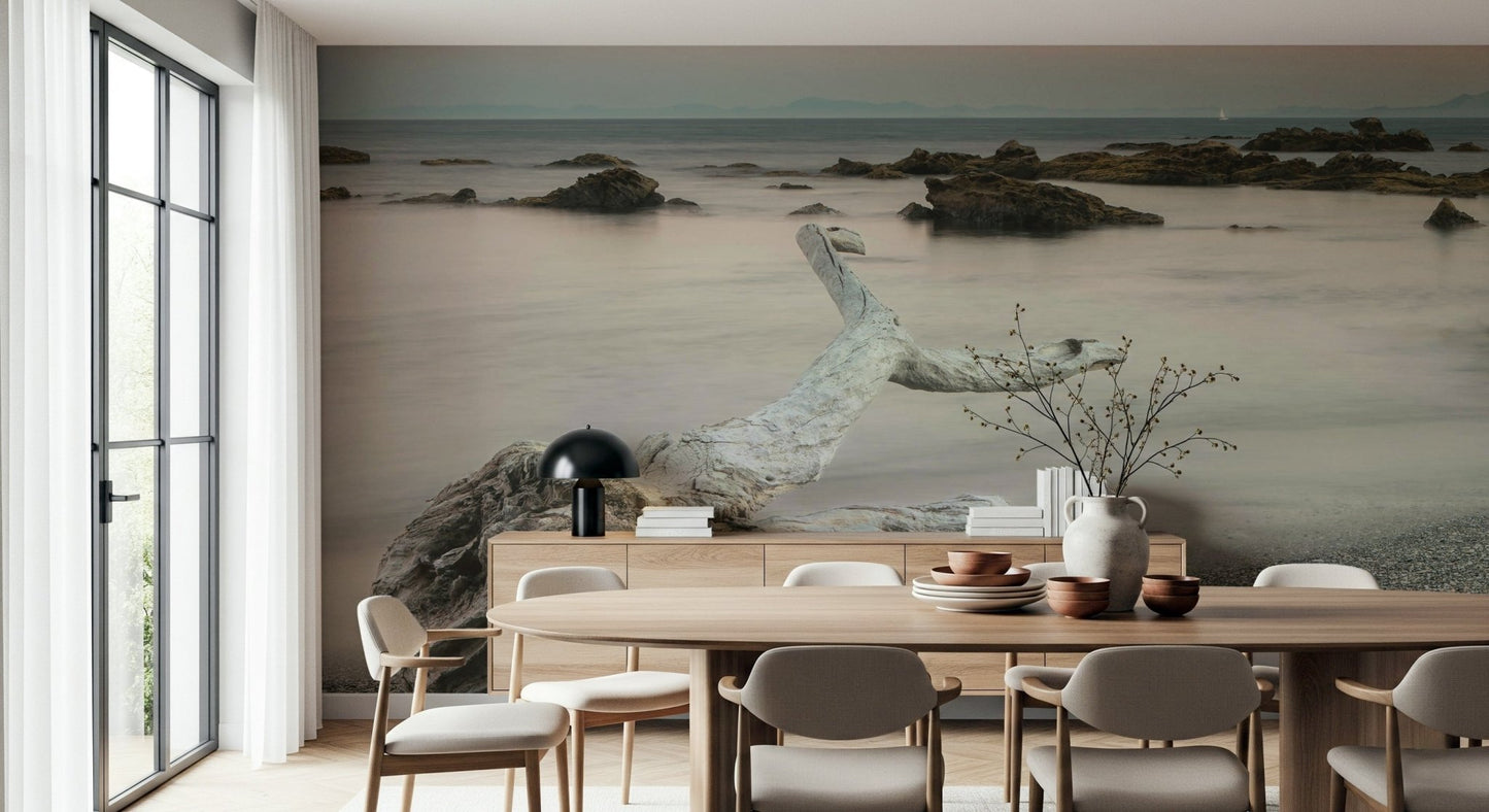 A peaceful modern abstract mural on decorative wallpaper.