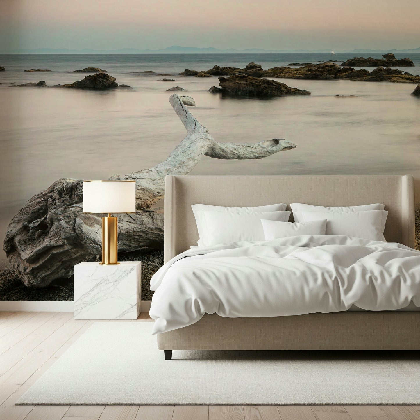 A beautiful abstract shoreline wallpaper mural with fluid, brushstroke patterns.