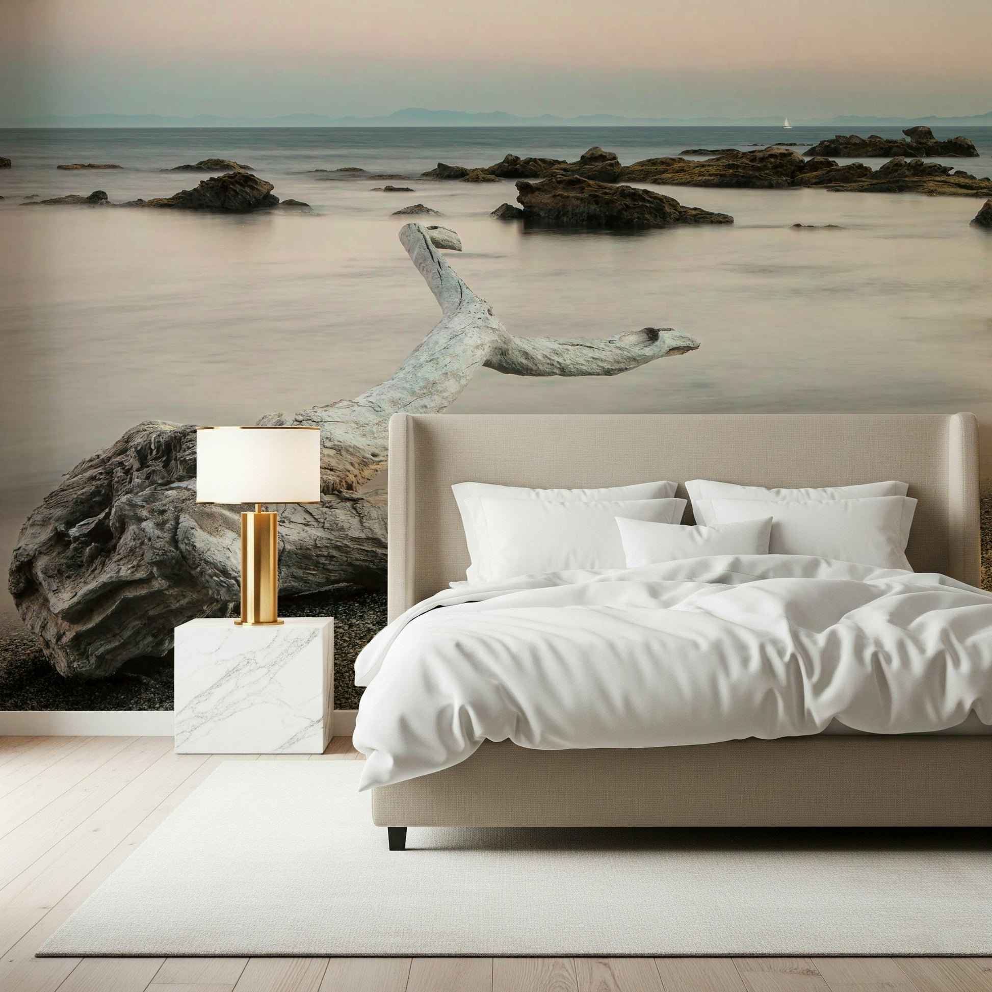 A beautiful abstract shoreline wallpaper mural with fluid, brushstroke patterns.