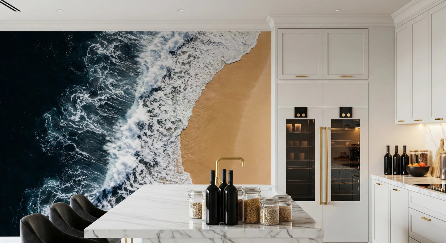 Minimal dining nook styled with Shoreline Wall Mural and a striking shoreline scene