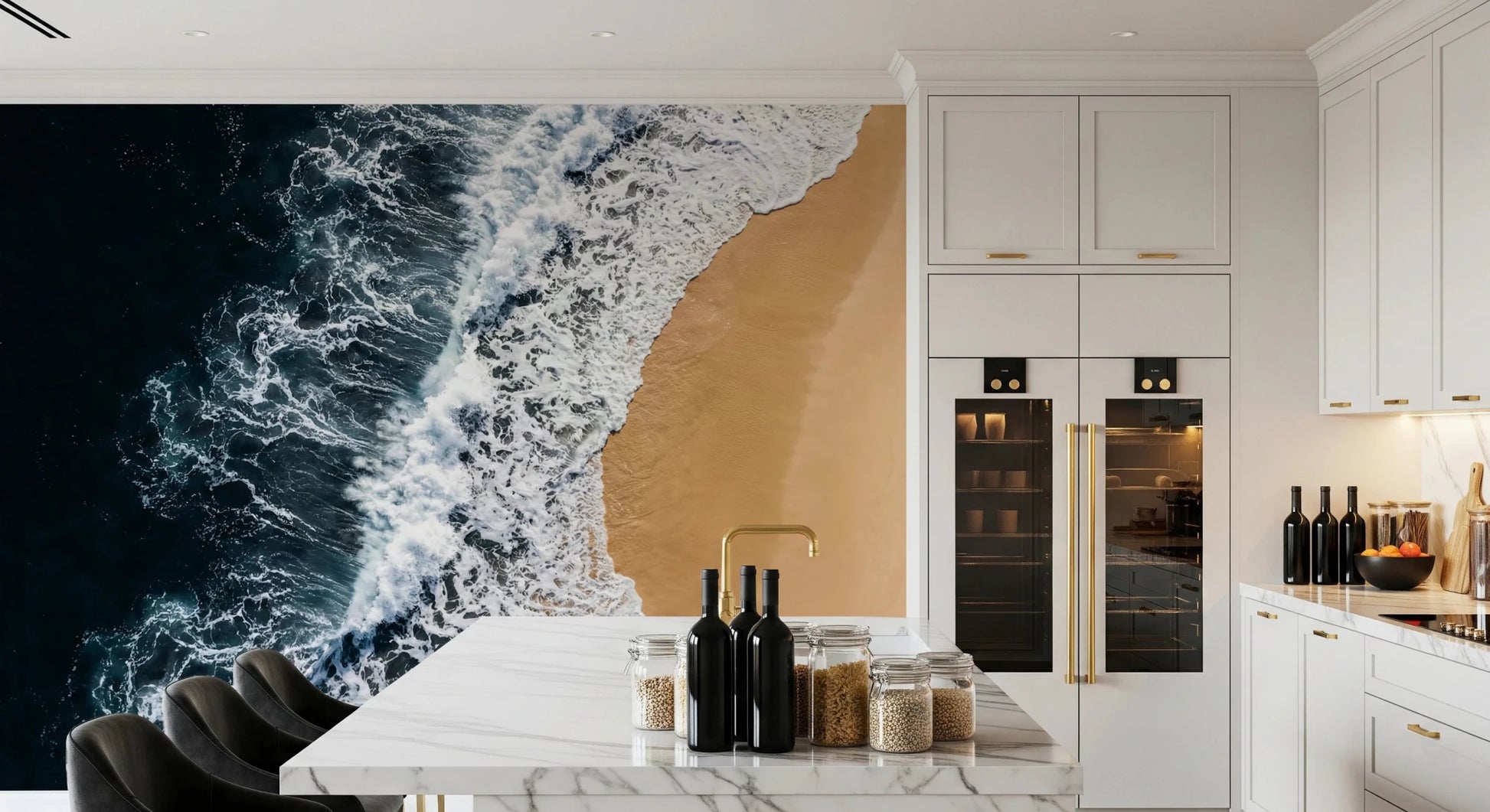 Minimal dining nook styled with Shoreline Wall Mural and a striking shoreline scene