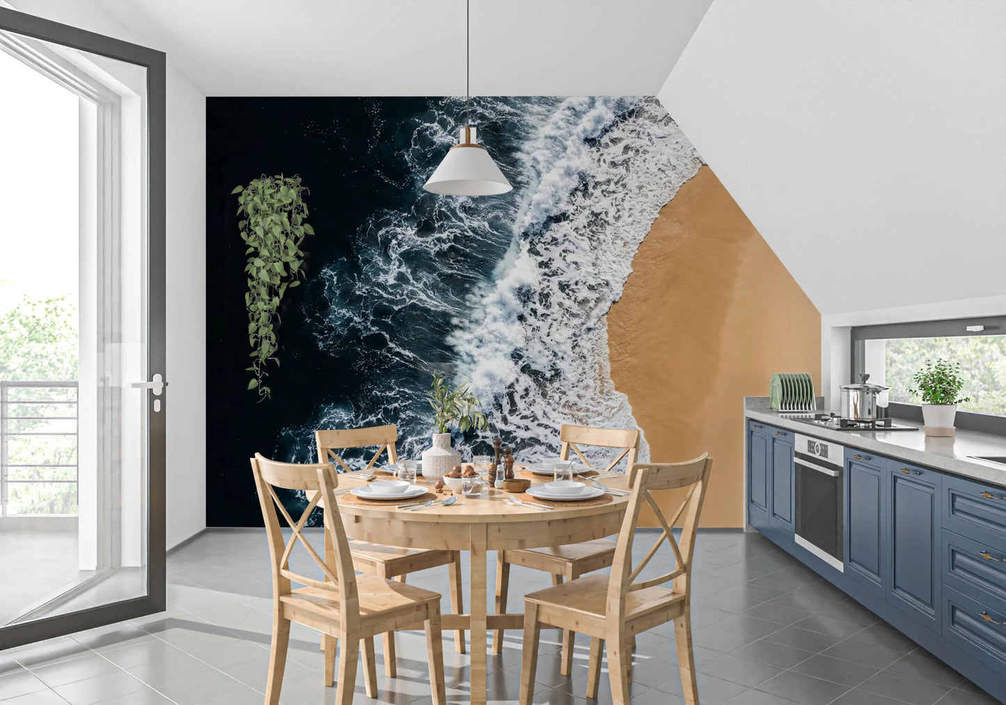 Kitchen brightened by Shoreline Wall Mural and its flowing beach contrast
