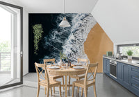 Kitchen brightened by Shoreline Wall Mural and its flowing beach contrast