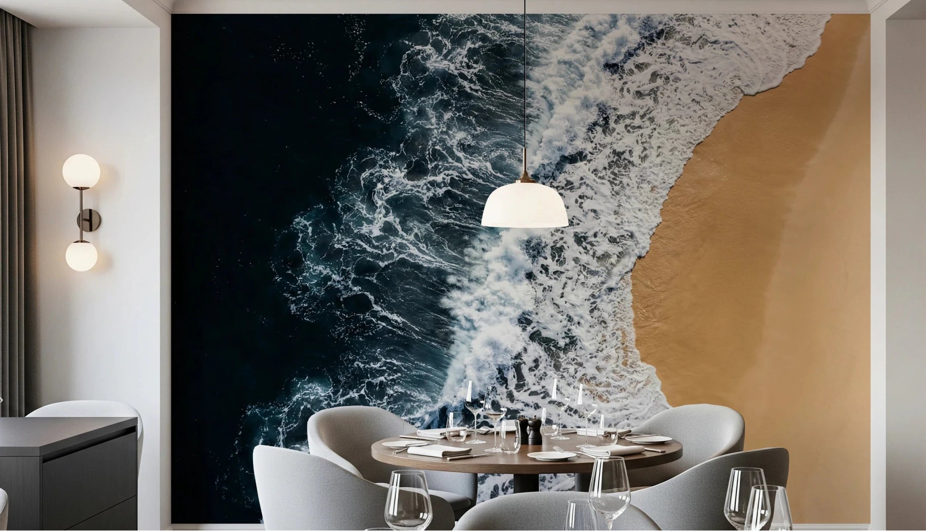 Dining room by Shoreline Wall Mural and its sweeping wave-and-sand view, GD8673