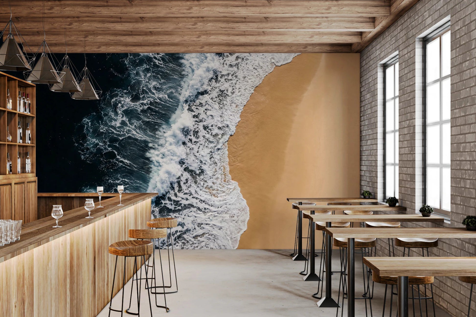 Cafe Dining area opened up by Shoreline Wall Mural with bold aerial coastal movement