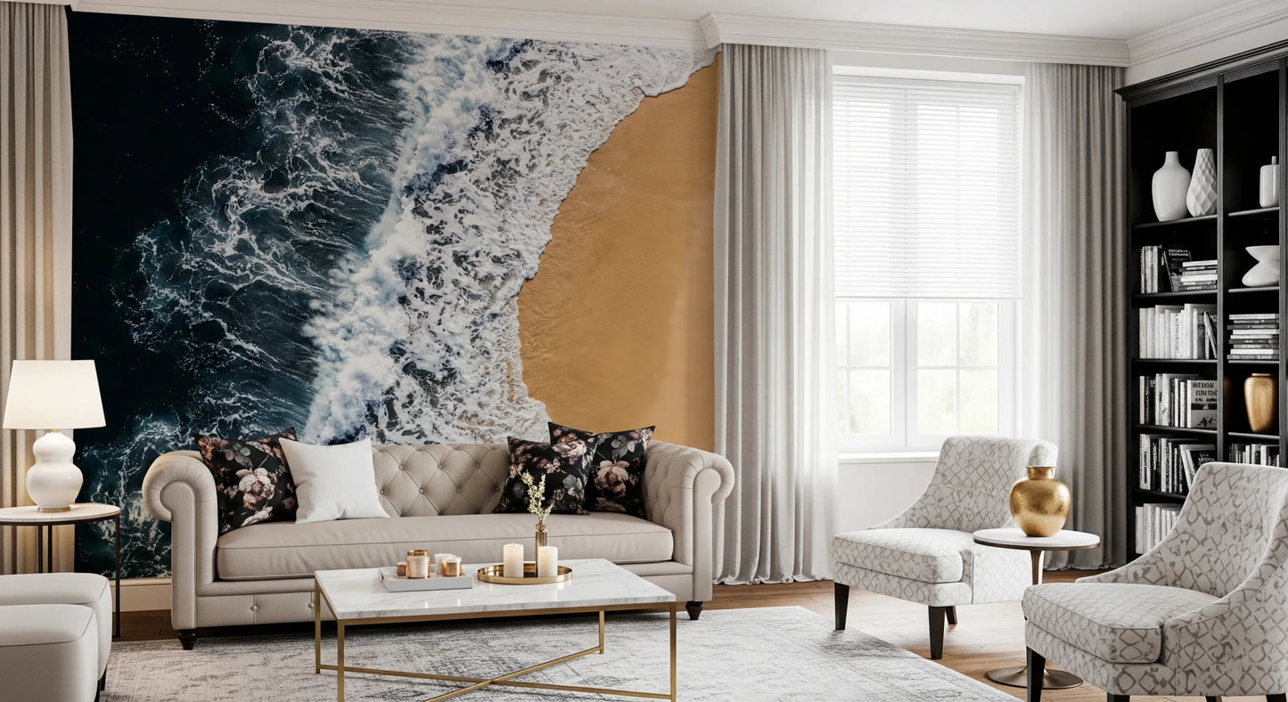 Sunlit sofa space paired with Shoreline Wall Mural and warm sandy tones