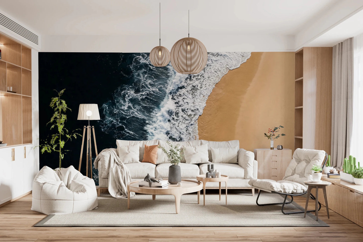 Relaxed living room lifted by Shoreline Wall Mural and foamy surf detail