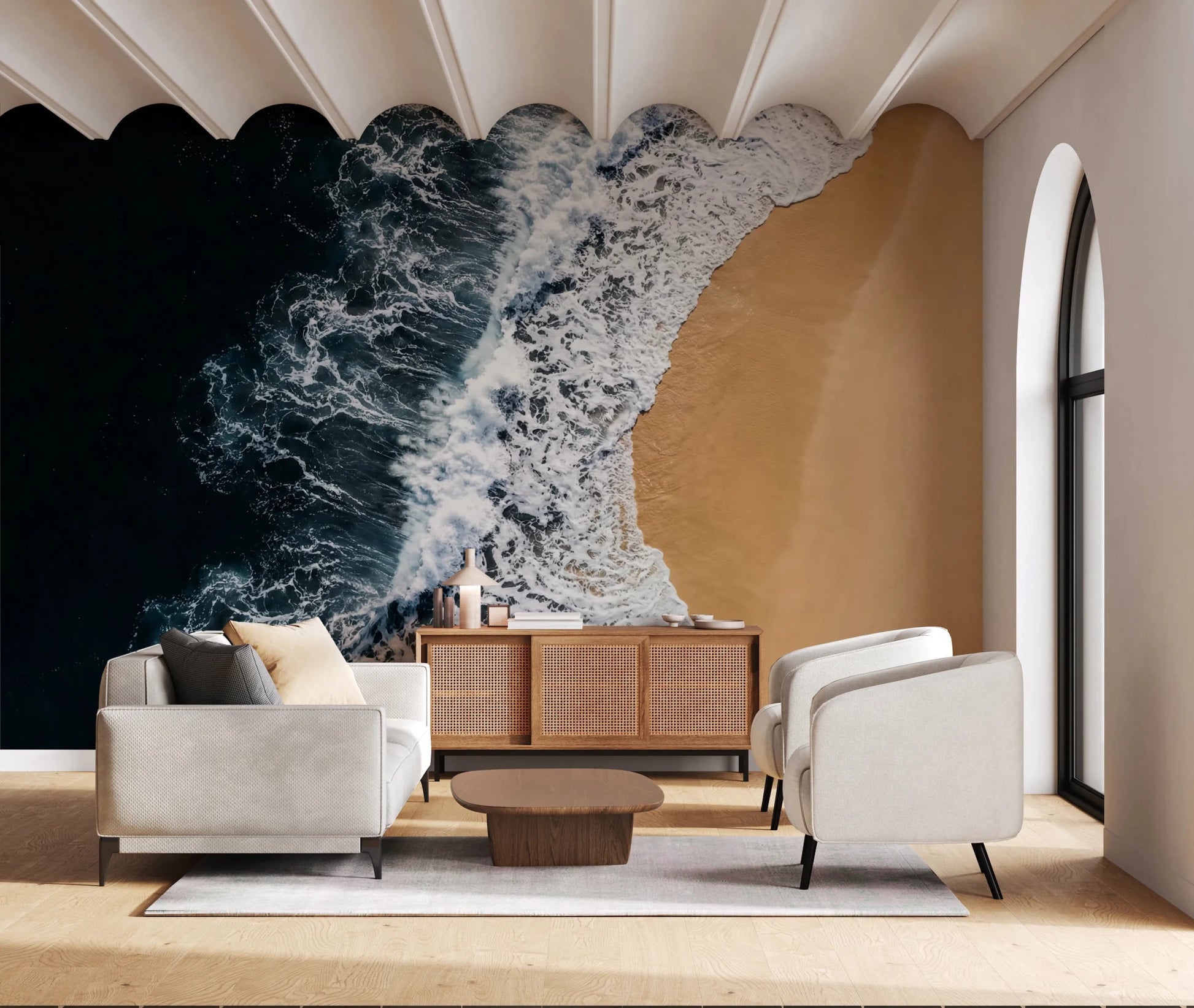 Lounge softened by Shoreline Wall Mural and its calm wave pattern