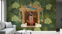Traditional Shrinathji mural art featuring deity in temple setting with cows
