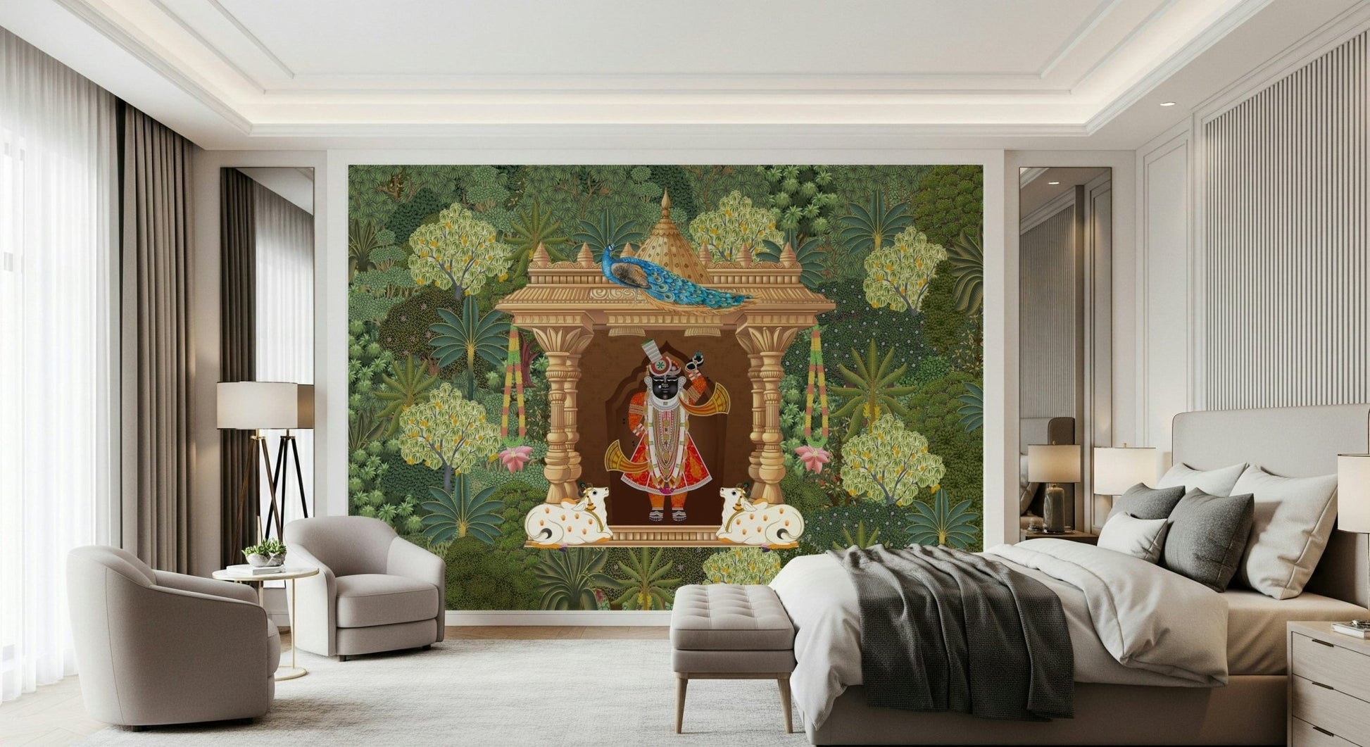 Detailed sanctuary mural depicting Shrinathji within ornate temple architecture