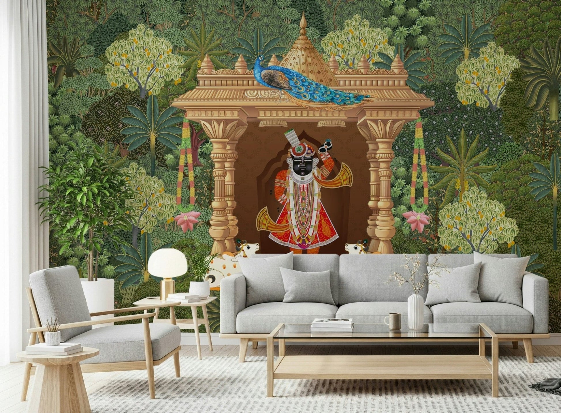 Shrinathji sanctuary wall mural with temple arch, peacock, and lush forest background