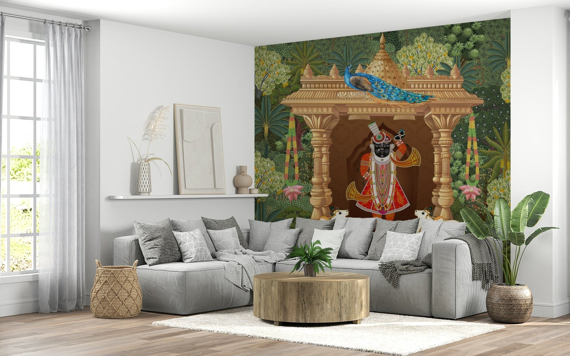 Shrinathji devotional art mural with temple pillars and forest scenery