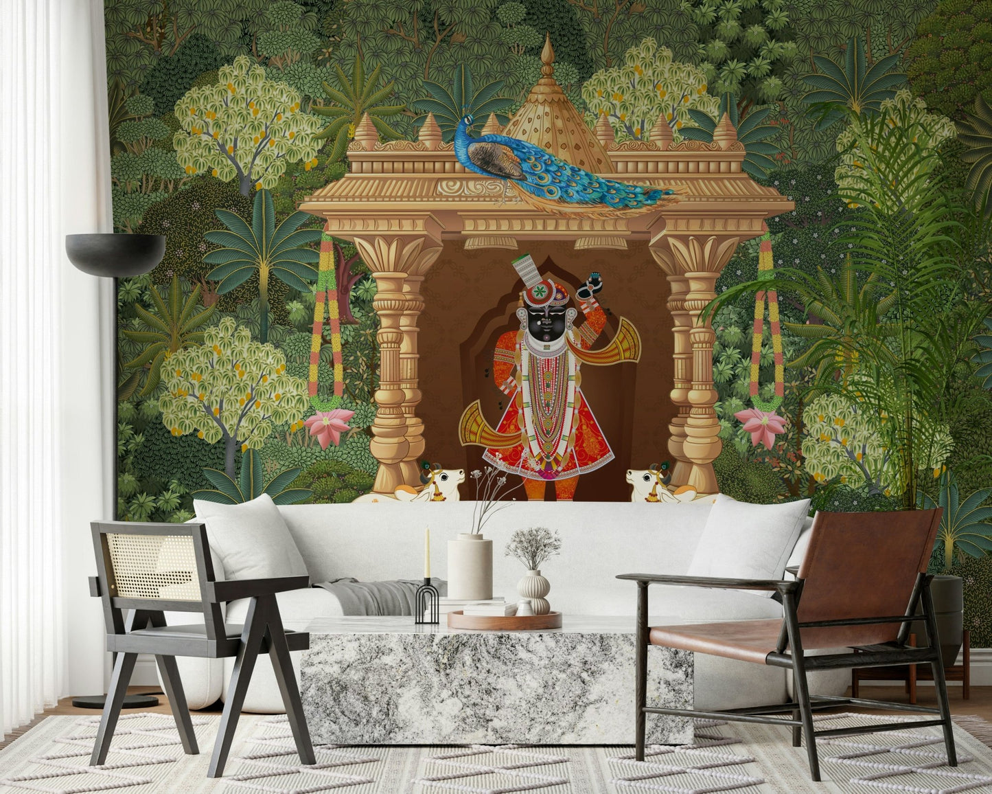 Hindu devotional mural showing Shrinathji with peacock and cows