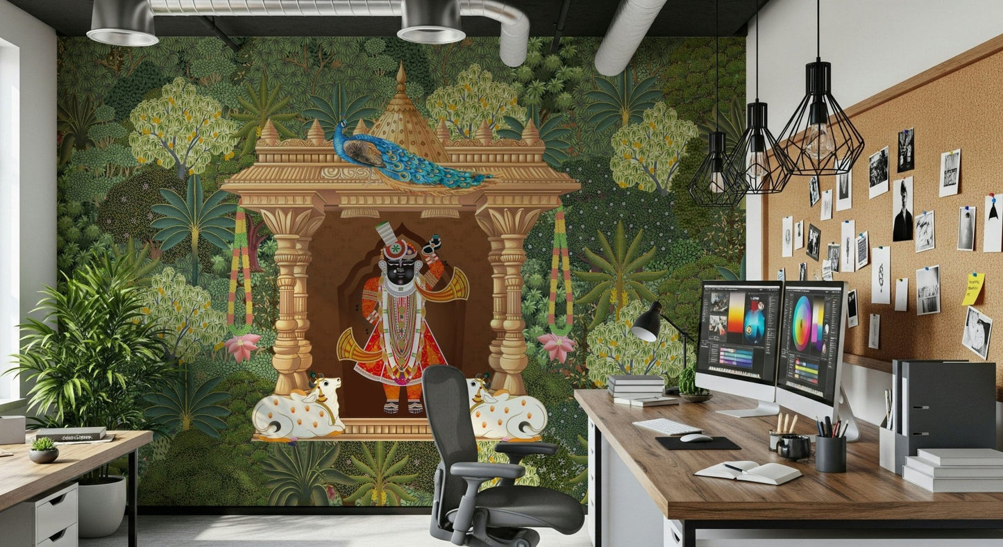 Shrinathji temple wall mural surrounded by greenery and sacred symbolism