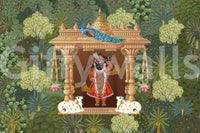 Indian heritage wall mural featuring Shrinathji and symbolic elements