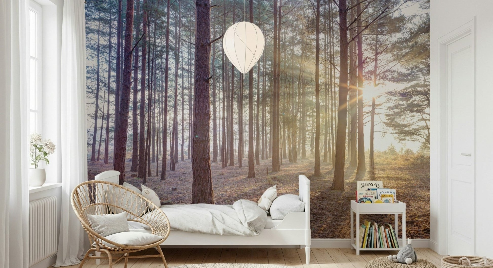 Foggy forest landscape wall mural in a dark bedroom wallpaper.