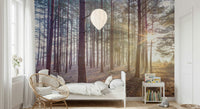 Foggy forest landscape wall mural in a dark bedroom wallpaper.