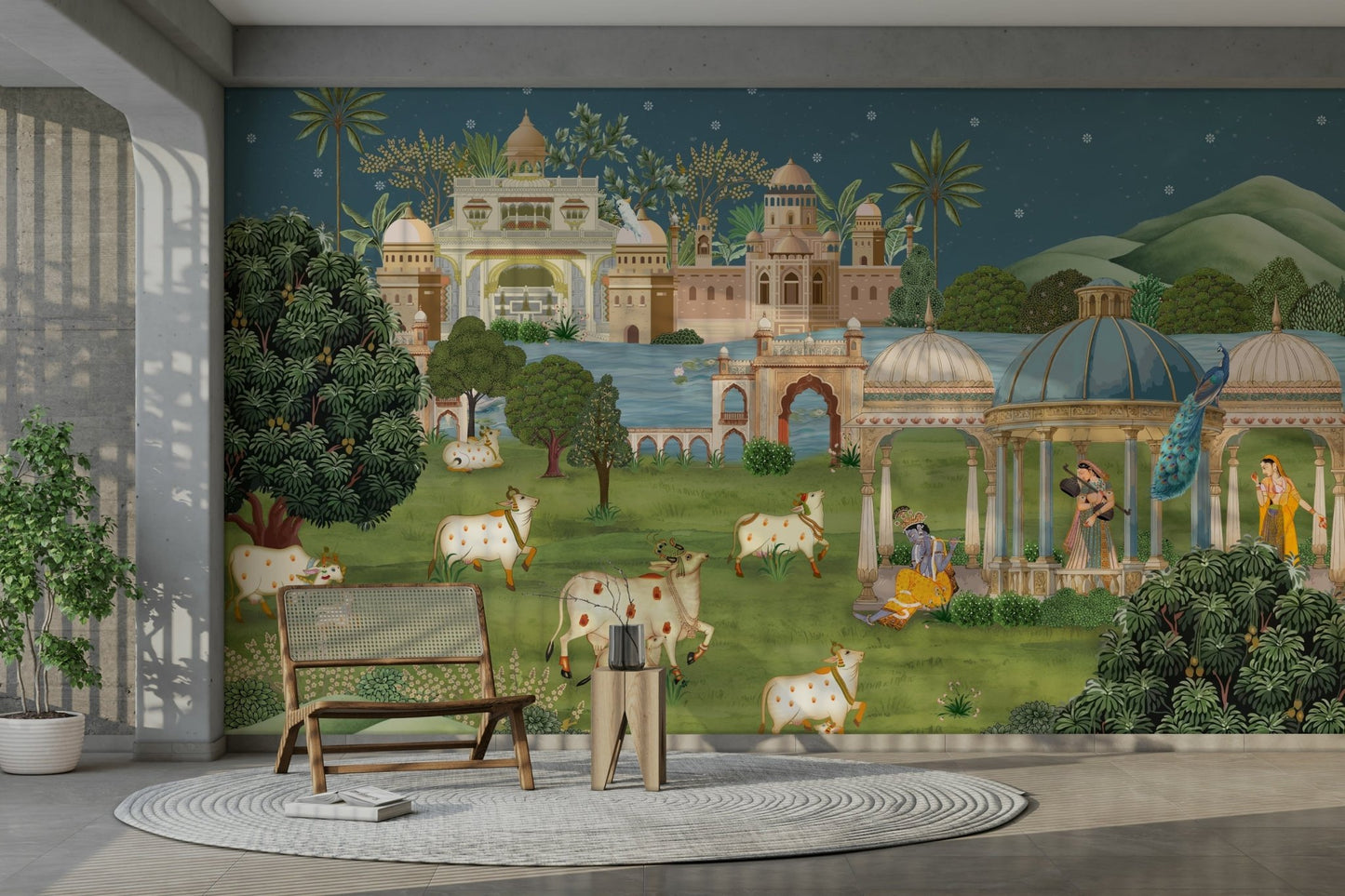 The design features a repeating pattern of soft, graceful trees and foliage.

