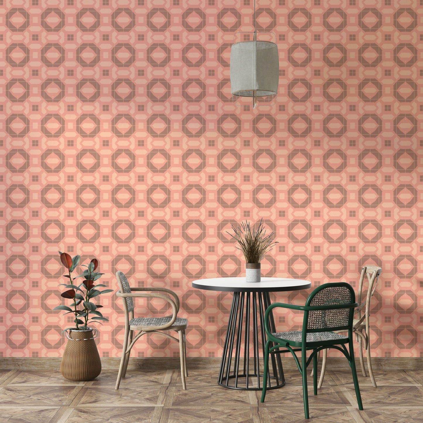 Warm-toned mural wallpaper with structured, artistic style

