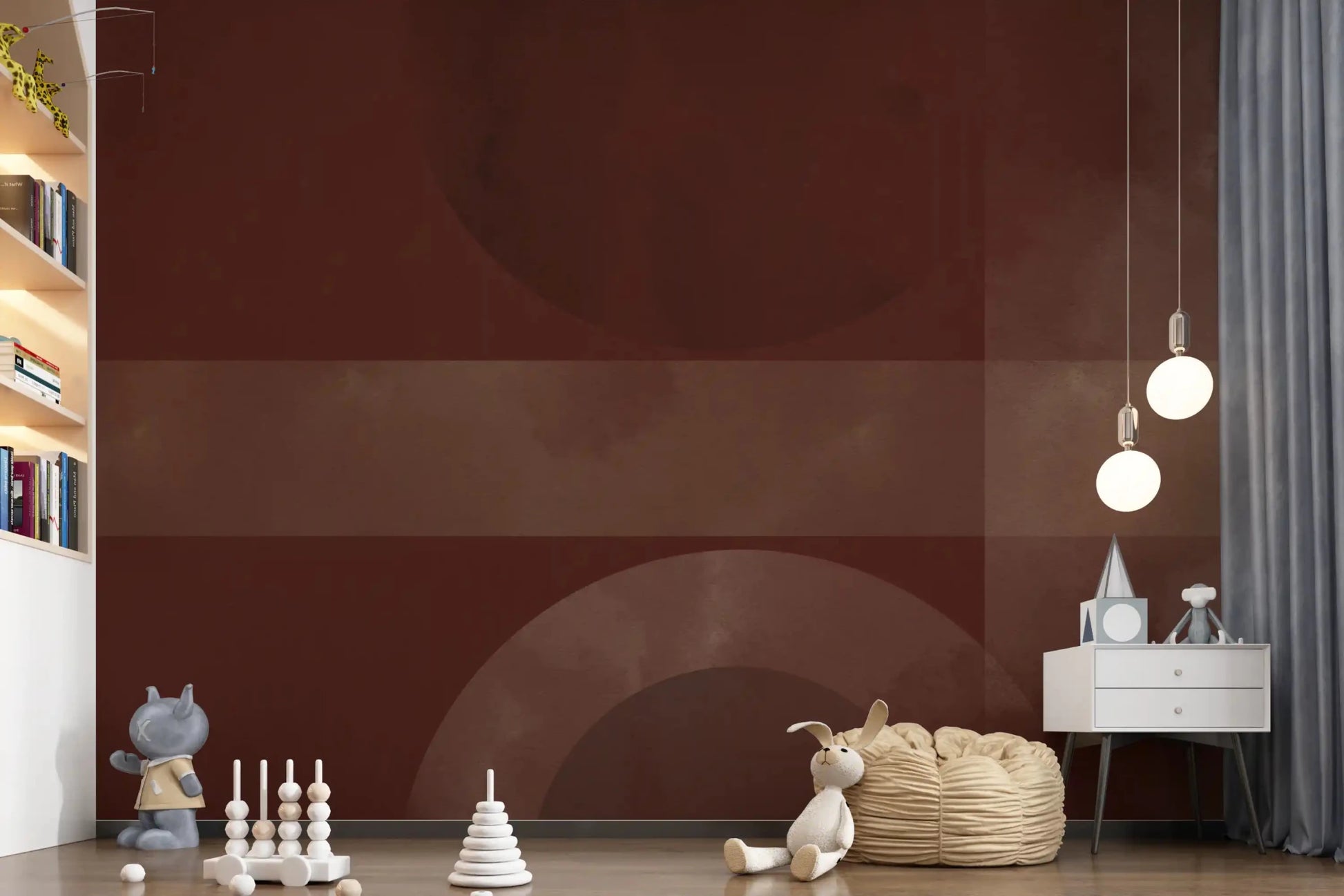 The Nursery area on rich geometric warmth from Sienna and Clay Harmony wall mural.GD9600