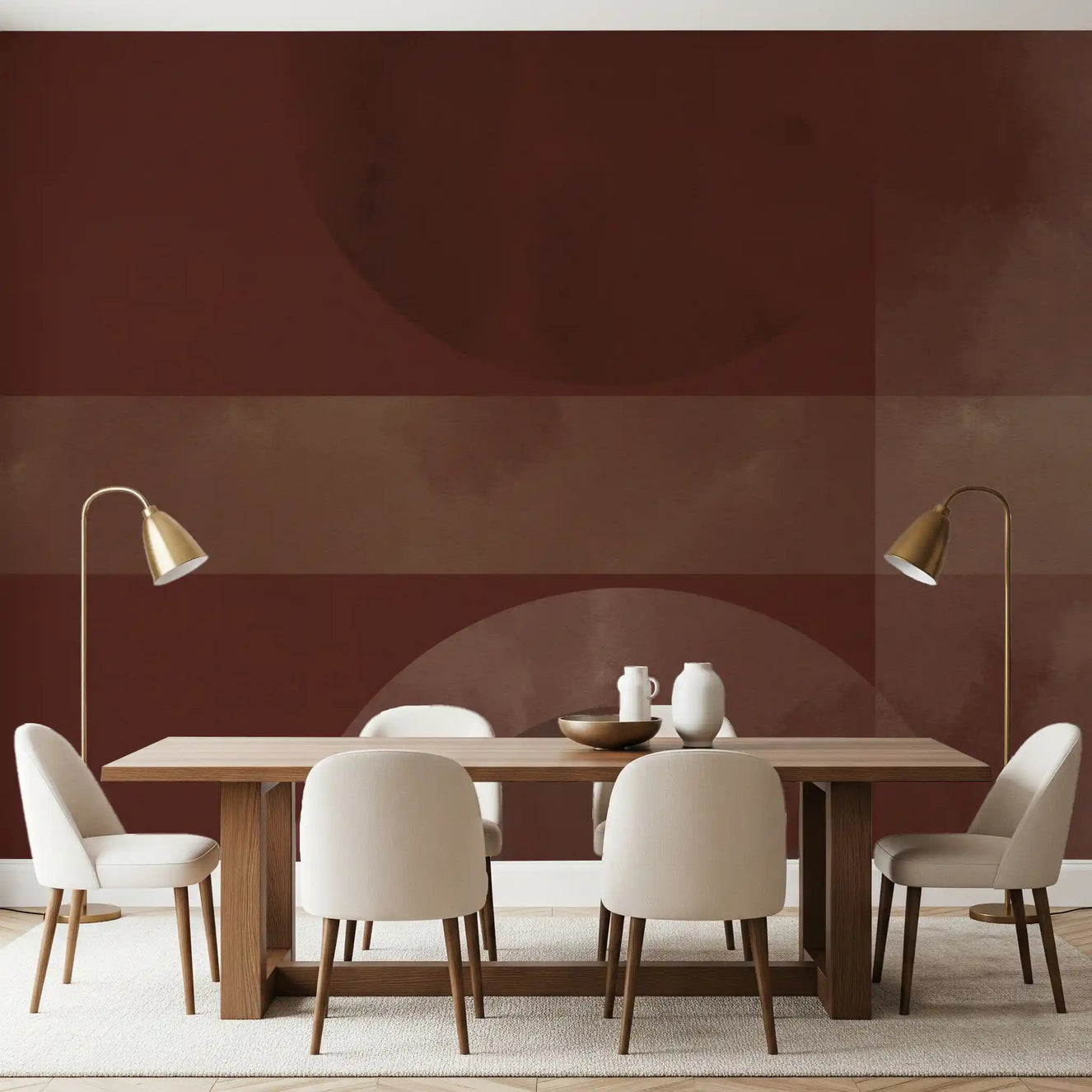 Sienna and Clay Harmony wall mural turns the dining room into a warm earthy zone.GD9600