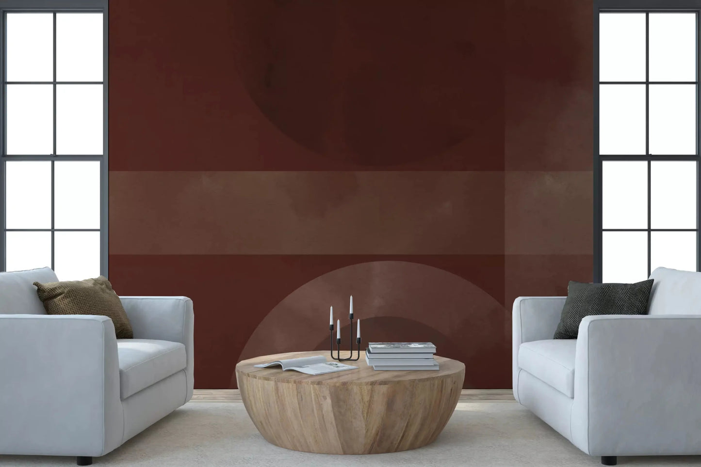 Quiet circles fill the sitting area on Sienna and Clay Harmony abstract wall mural.GD9600