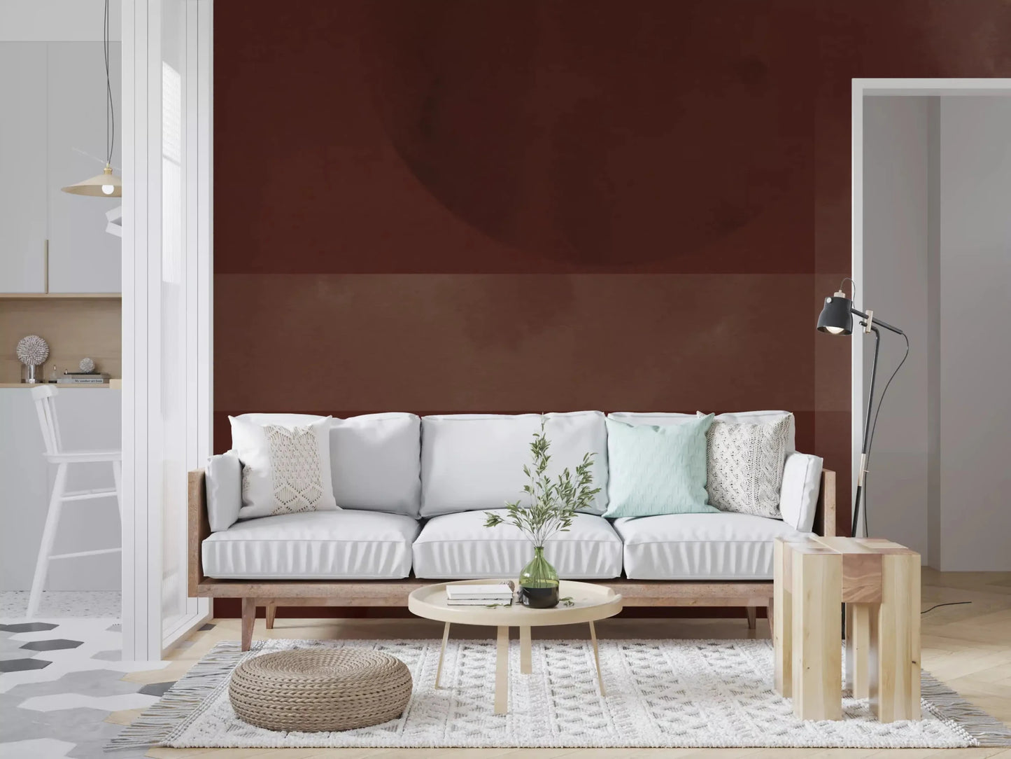 Living room, Sienna and Clay Harmony wall mural holds calm earthy depth.GD9600