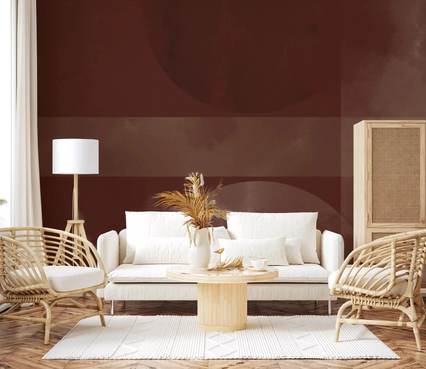 At top and bottom, Sienna and Clay Harmony wall mural anchors two clay circles.GD9600