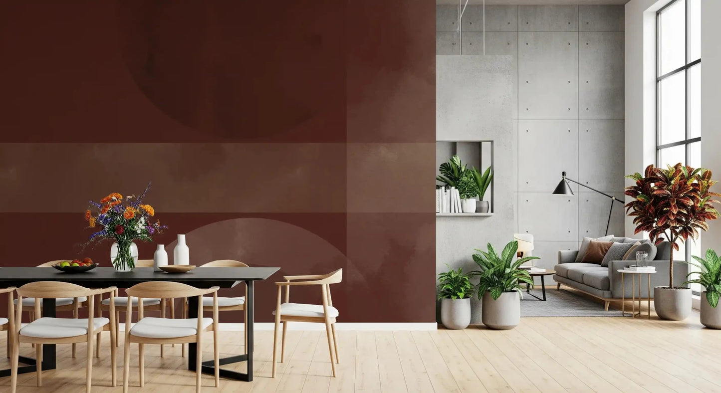 A Dining and living room gains warm clay tones from Sienna and Clay abstract wall mural.GD9600